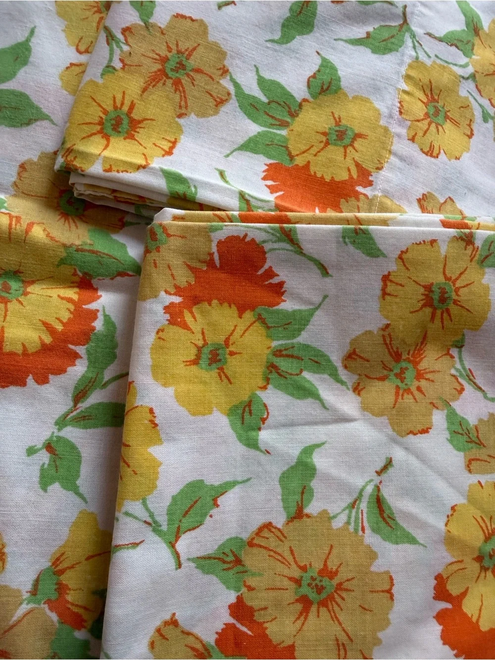 Vintage Floral Sheet and 2 Pillow Cases Set in Yellow, Orange, Green Fabric